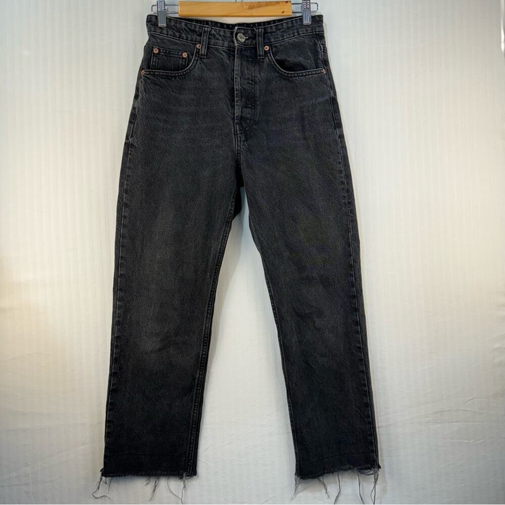 Zara Black Denim Jeans Size 6 Straight Leg Button Fly Frayed Baggy Goth Grunge